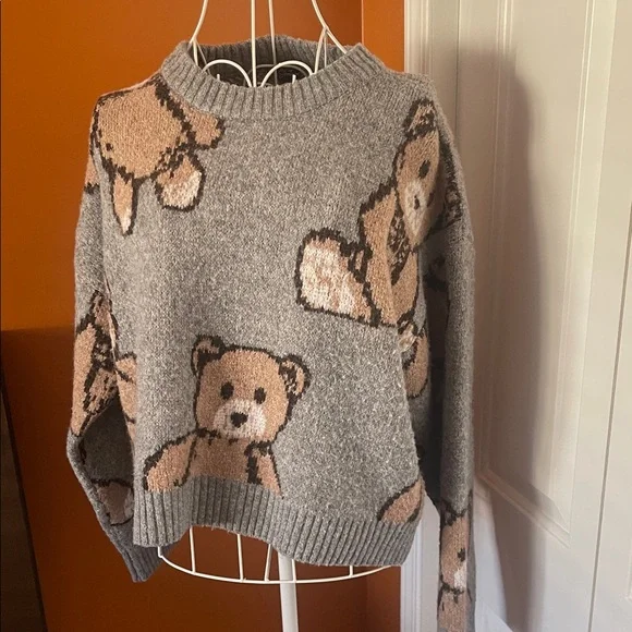 Teddy Bear Jacquard Knit Cropped Sweater - Size S - Picture 2 of 12